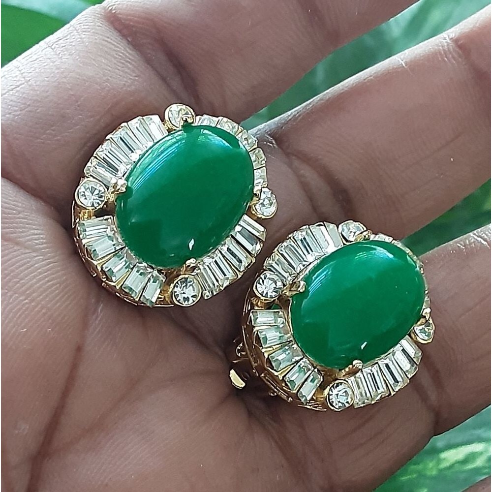 Chrysoprase Cabochon Gold Plated Baguette | Round CZ Clip On Earrings - Vtg